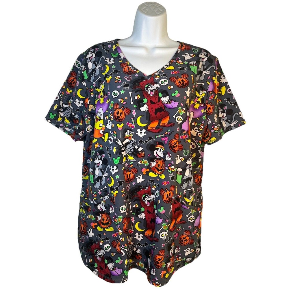 Disney Halloween Spooky Pumpkins Mickey & Minnie Squad Nurse Doctor Scrub Sz L
